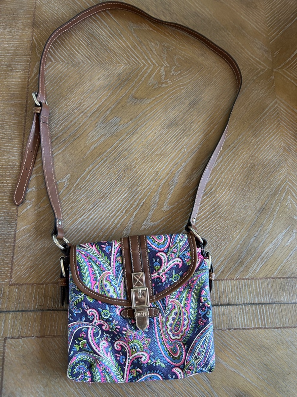 Chaps Brown Strap Paisley Crossbody with Pink, Blue & Green Accents